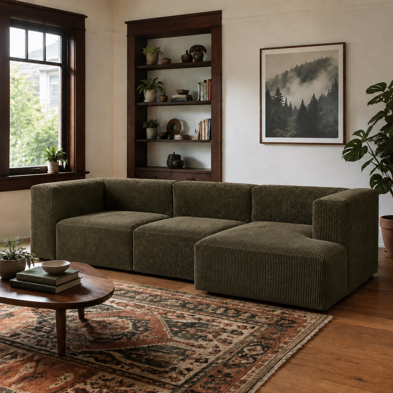 Fenway three-piece L sectional with right chaise in Olive Green Corduroy in a Portland-style living room