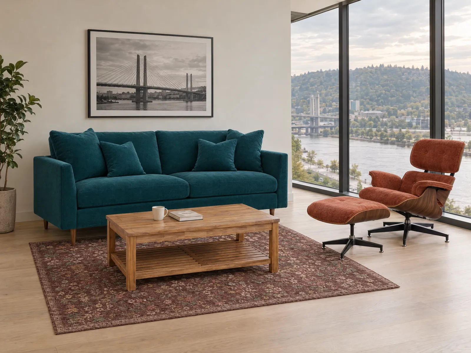 Generated room image: Oasis sofa in Sensation Turquoise styled in a South Waterfront condo with a rust lounge chair - What's New Furniture Portland
