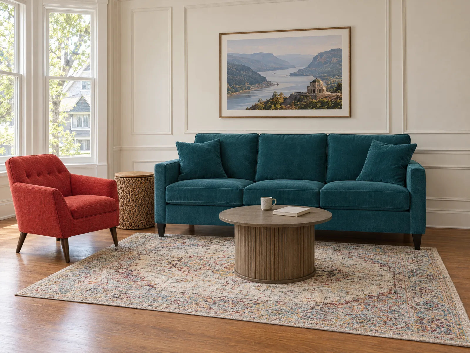 Generated room image: Pinnacle sofa in Lush Turquoise styled in a Portland Victorian parlor with a red tufted chair - What's New Furniture Portland