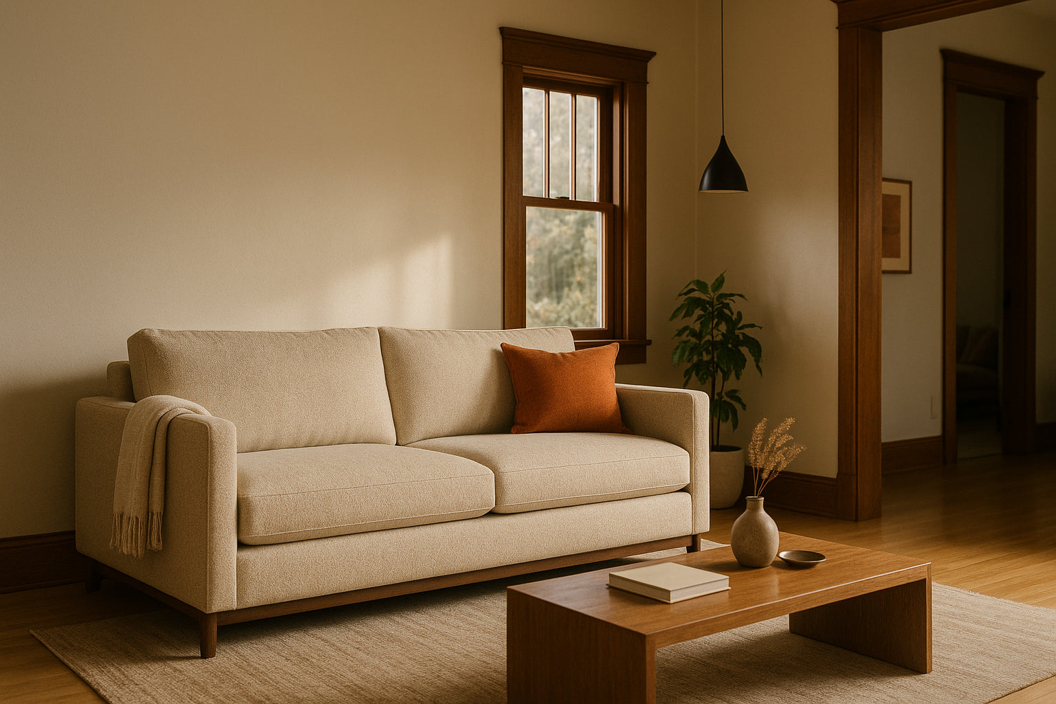 Sleeper sofa in a Portland living room with black-framed windows