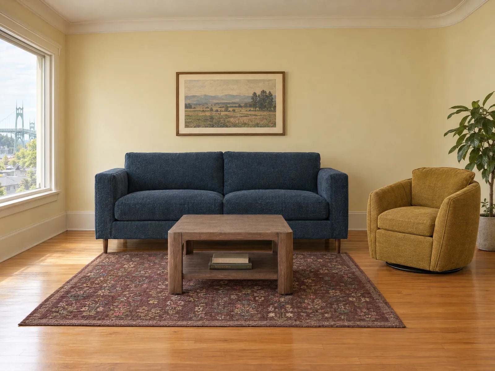 Generated room image: Timber sofa in Lush Marine styled in a St. Johns cottage with a gold swivel chair - What's New Furniture Portland