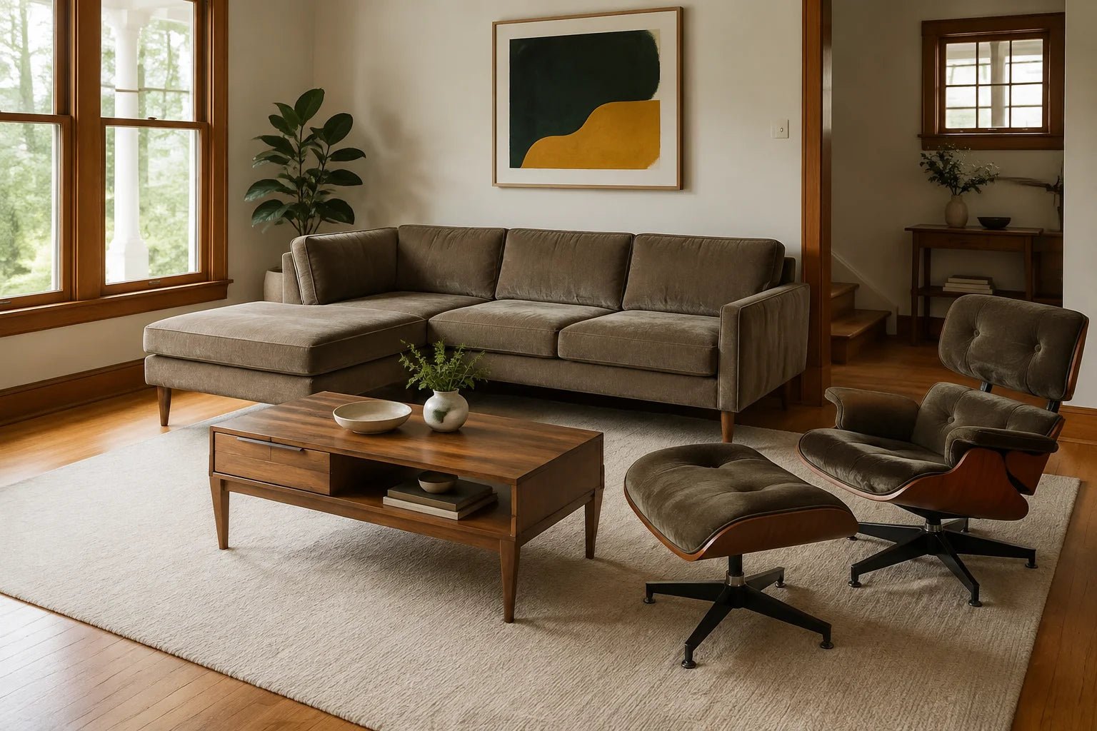Illustrative room with Edgewater Sectional in Canna Chocolate, Burnside chair and ottoman in Moss Olive, and Remix acacia coffee table