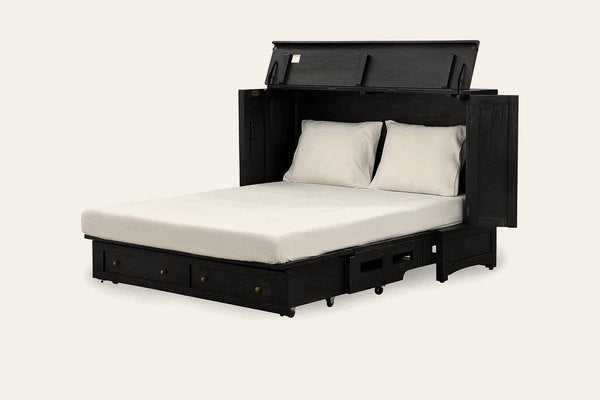 Murphy cabinet bed in Artesian Black, open as a queen bed