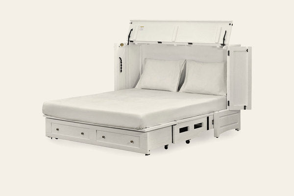 Murphy cabinet bed in Artesian White, open as a queen bed