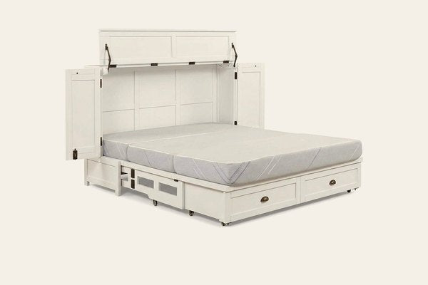 Murphy cabinet bed in Milan White, open as a queen bed
