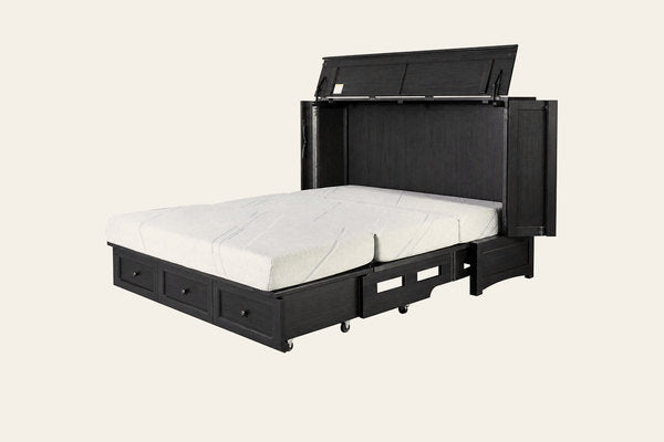 Murphy cabinet bed in New Traditions Black, open as a queen bed