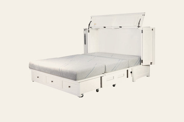 Murphy cabinet bed in New Traditions White, open as a queen bed
