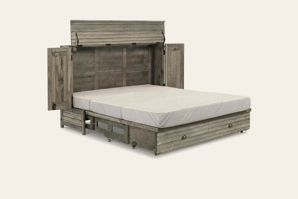 Murphy cabinet bed in Seabreeze, open as a queen bed
