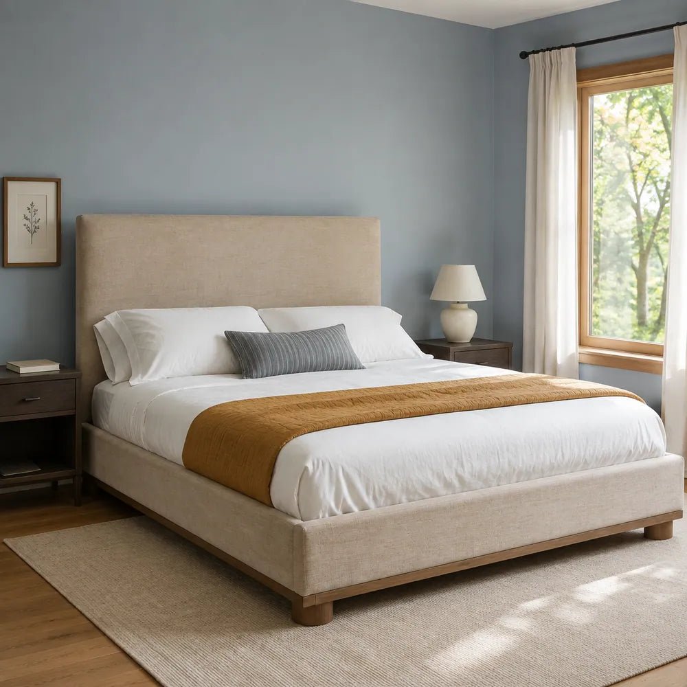 AI-styled bedroom with an oatmeal Gilbert bed, white bedding and an ochre quilt against soft blue walls