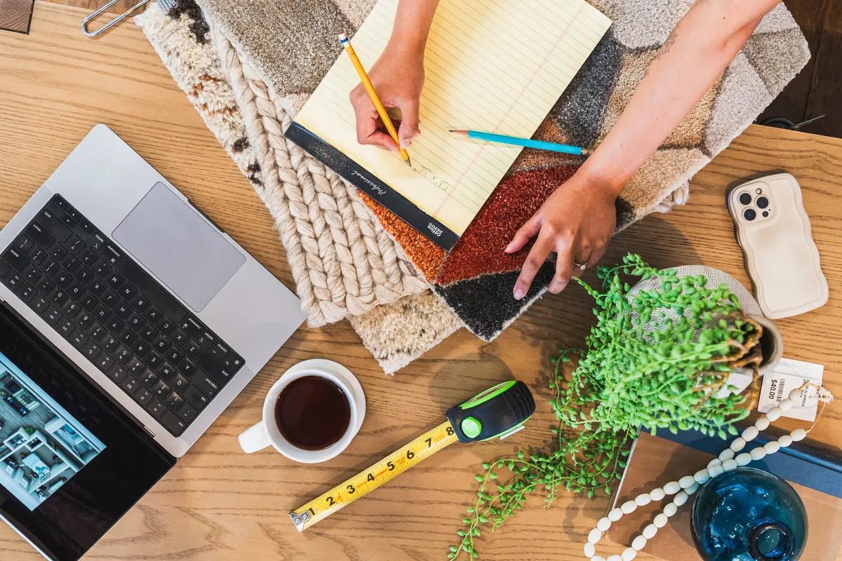 Overhead view of a design consultation: a hand sketching a room plan on a notepad beside rug samples, a tape measure, a laptop and coffee