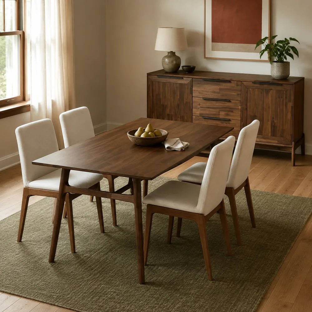 AI-styled dining room with a wood Remix table and cream upholstered chairs