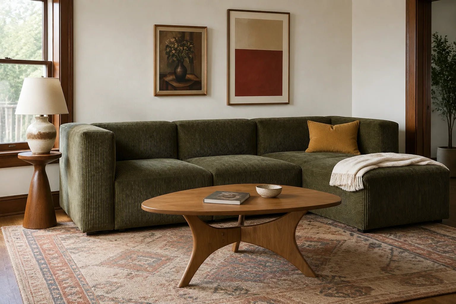 Room inspiration with an olive corduroy Fenway sectional and sculptural wood coffee table in warm window light