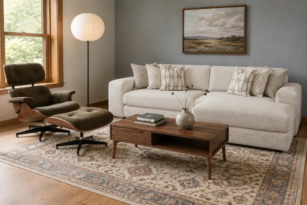 AI-styled living room pairing a light Drift sectional, Burnside lounge chair and wood coffee table