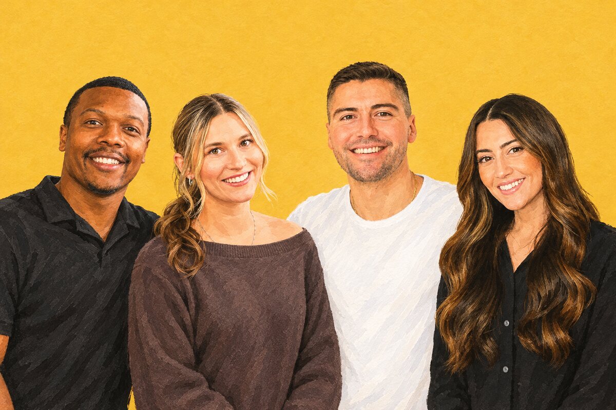Illustration of the What’s New Furniture team, from left: Julius, Alicia, Joey and Tori, on a sunflower-yellow background
