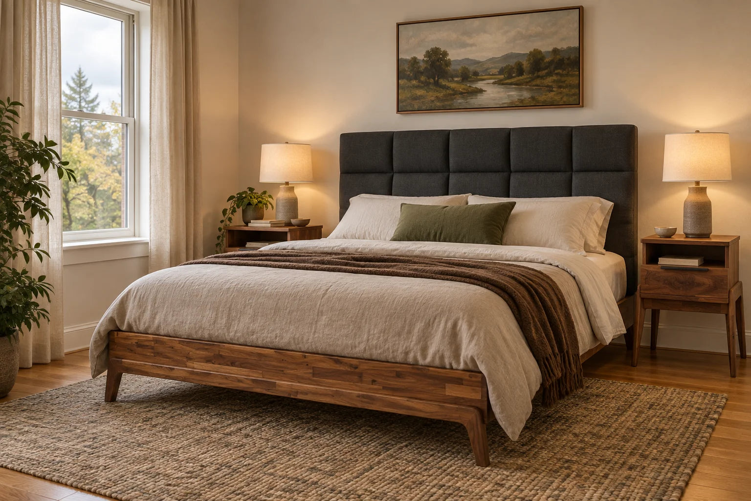 Generated bedroom with upholstered Remix queen bed and two wood Remix nightstands