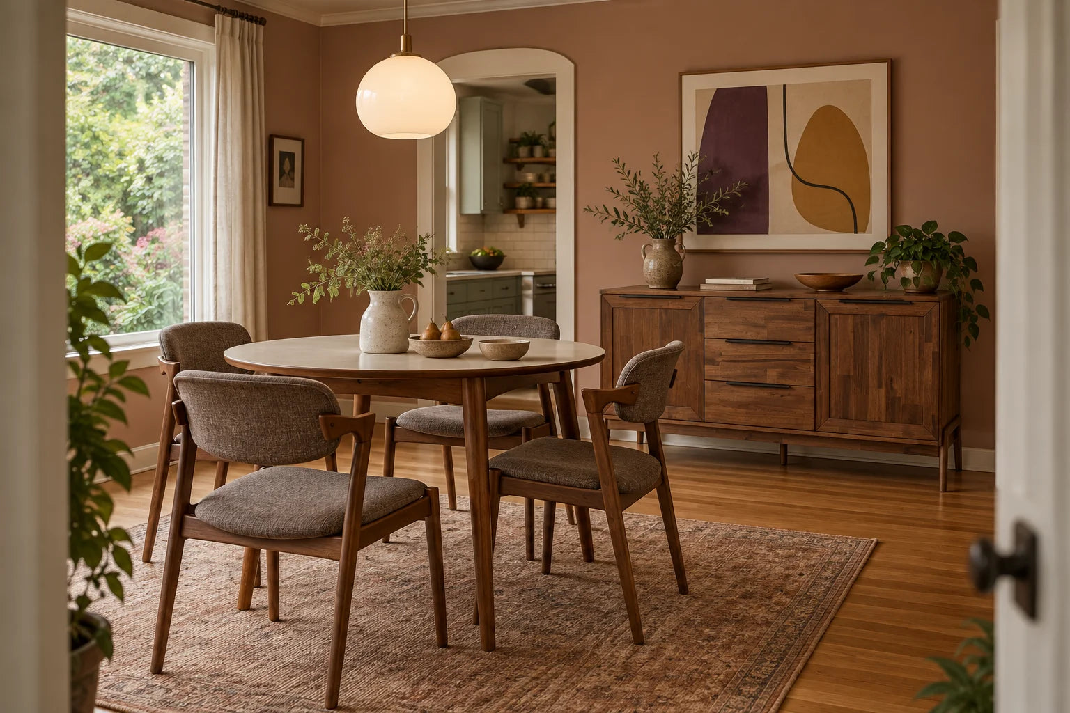 Generated dining room with round Malone table, four brown Malone chairs, and acacia Remix sideboard