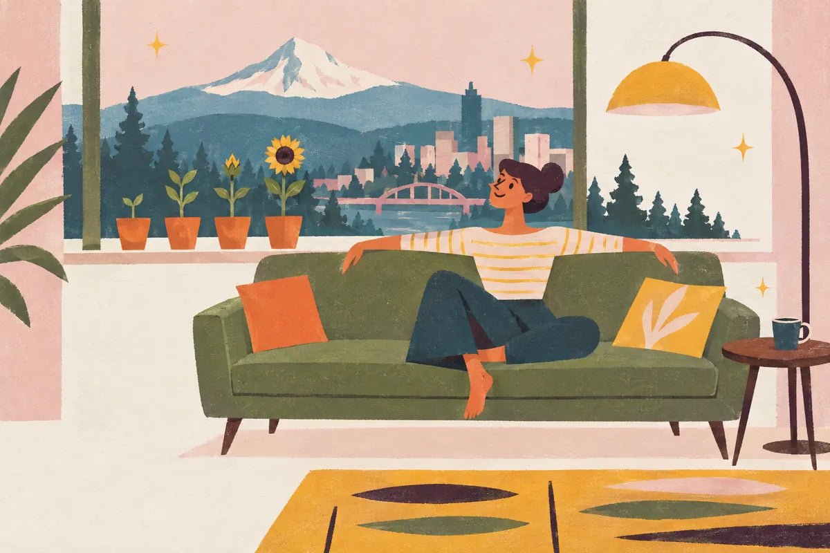 Illustration of a woman relaxing on a new olive-green mid-century sofa while four potted sunflowers on the windowsill grow from sprout to bloom, with Mt. Hood and a Portland bridge outside