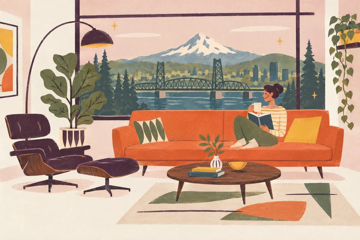 Illustration: a person relaxing with a book on a coral mid-century sofa, with a window view of a Portland bridge and Mt. Hood