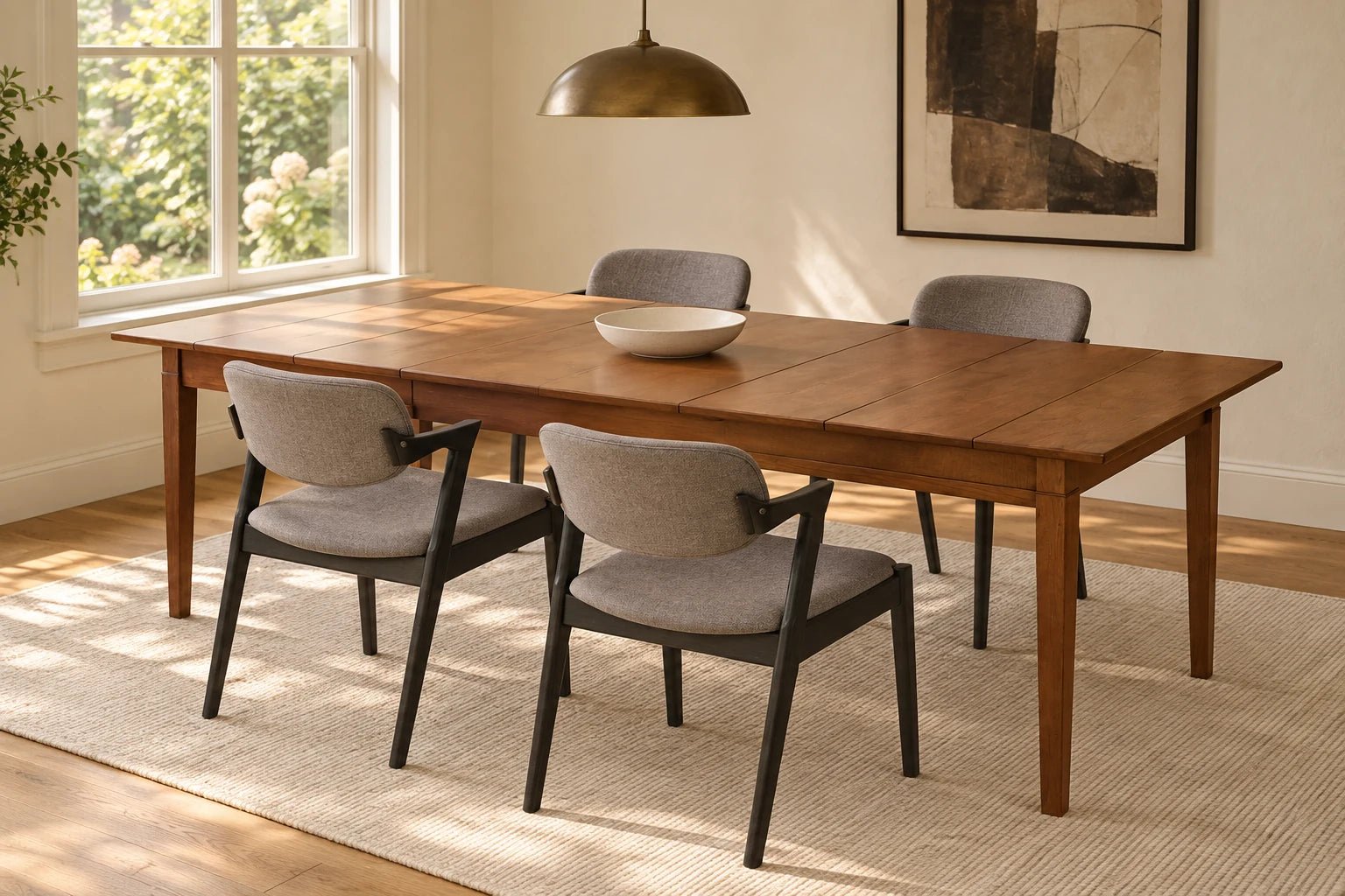 Consigned extended brown dining table and four new Black Malone chairs with gray upholstery in a light dining room concept