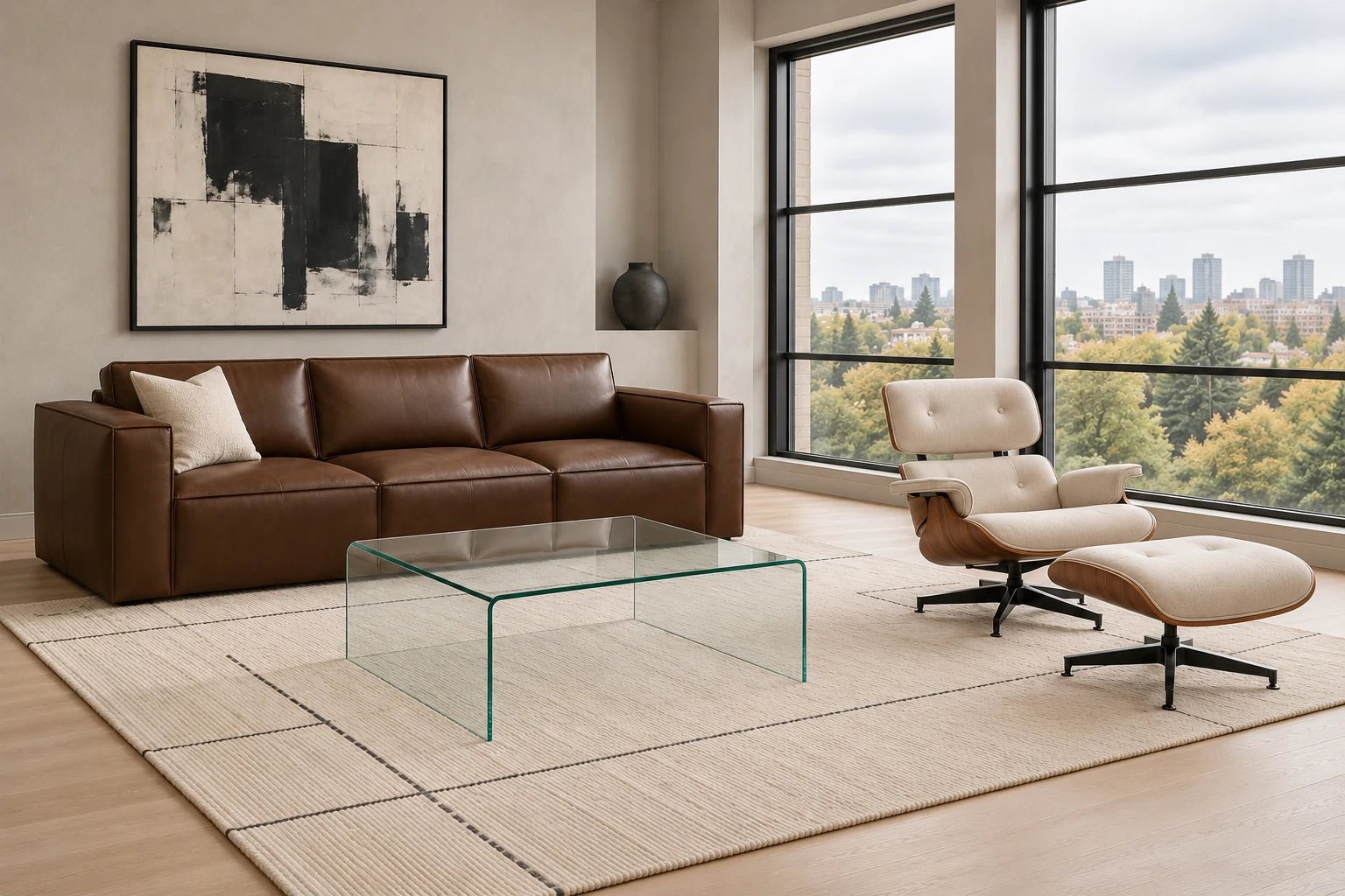 Mahogany Solado leather sofa, sand Burnside chair and ottoman, and clear waterfall glass consignment table in a modern loft concept