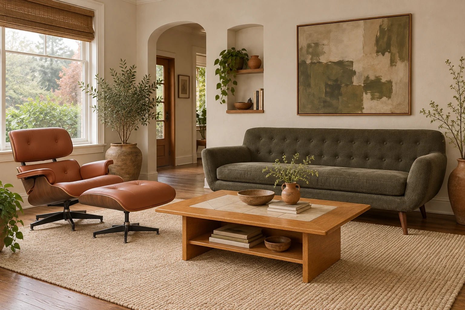 Olive Stark sofa, caramel Burnside chair and ottoman, and honey-oak tile-inset coffee table in a bungalow concept