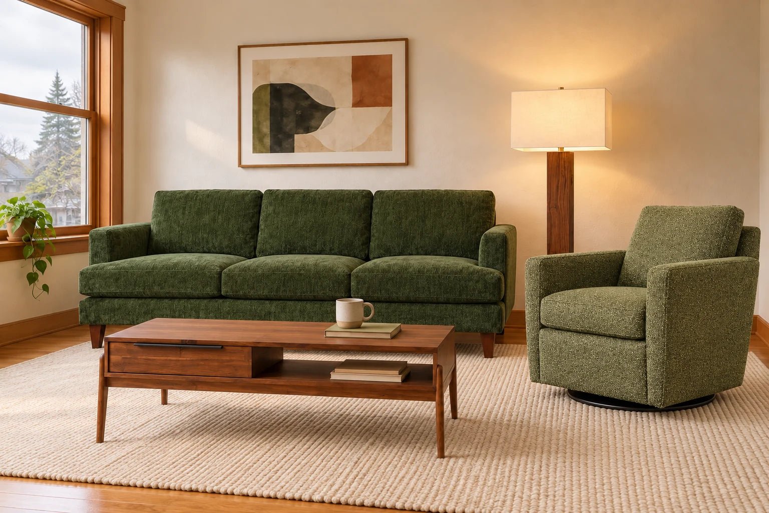 Generated same Portland room upgraded to Alpine sofa in Lush Spinach and Zelda swivel chair in Rio Spinach with the same Remix table and Waltham lamp.