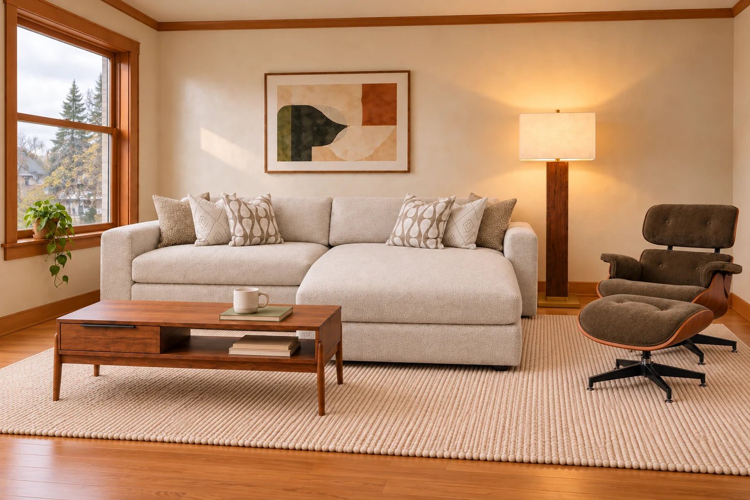 Generated same Portland room with complete Drift deep right-hand-facing chaise sectional in Fluffy River Rock, Burnside Moss Olive chair and matching ottoman, Remix table, and Waltham lamp.