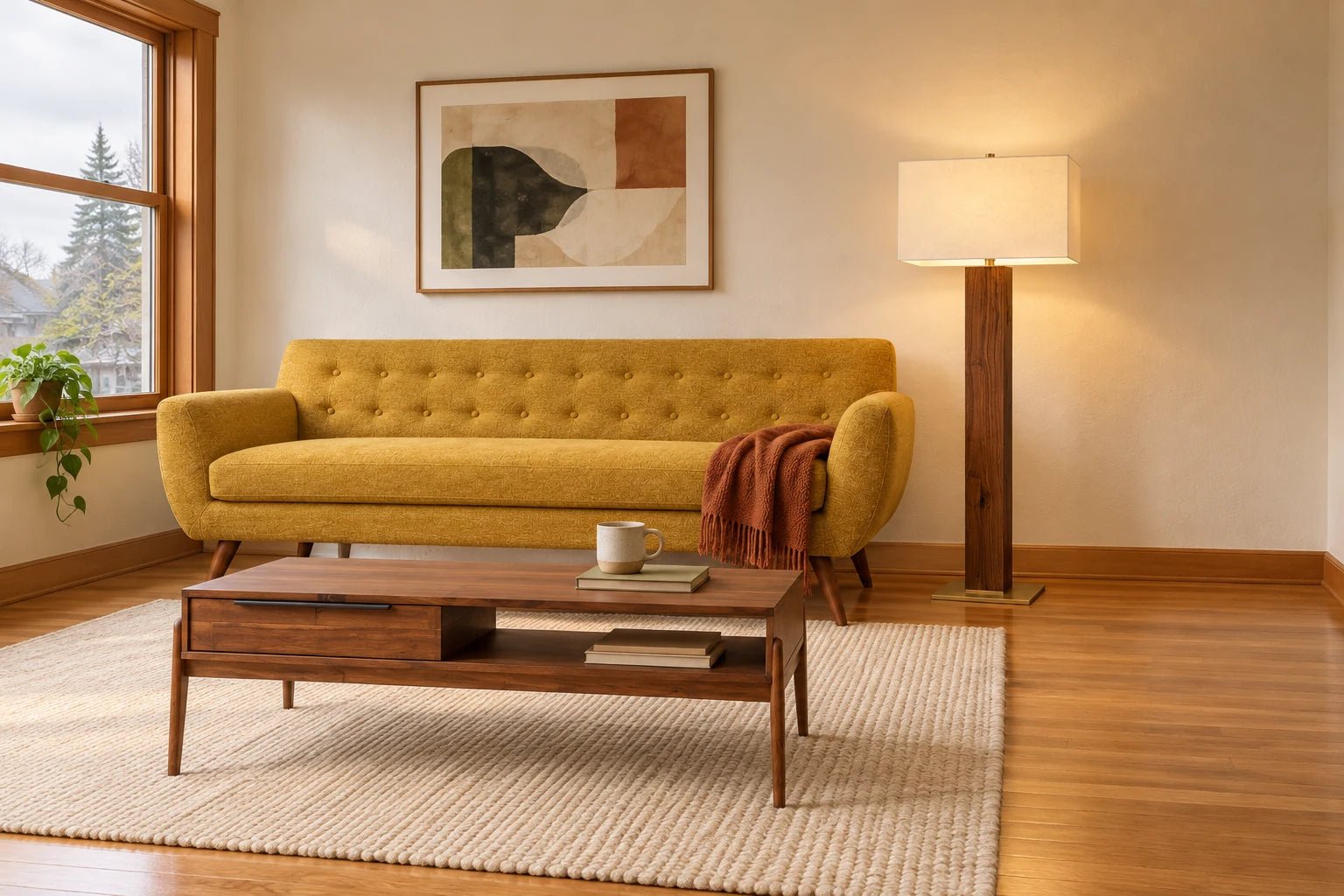 Generated Portland room with Stark sofa in Dine Mustard, Remix coffee table in Brown Acacia, and Waltham walnut and aged-brass floor lamp.