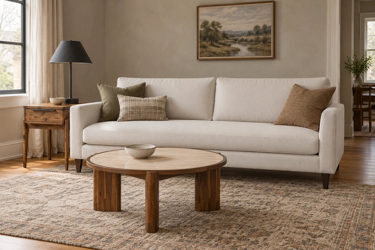 Generated living-room concept with one complete Stanton Ember sofa in pale Winston Salt, a Remix wood side table and a round ceramic-top Remix coffee table.