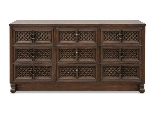 Consigned wood dresser with decorative drawer fronts