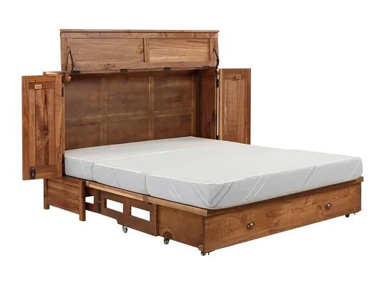 Walnut Murphy cabinet bed open with its mattress