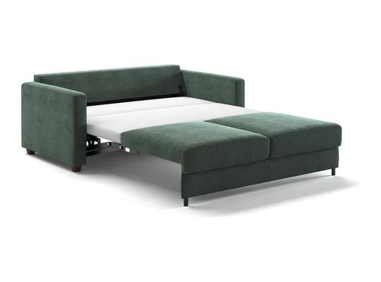 Green sleeper sofa with the queen bed pulled out