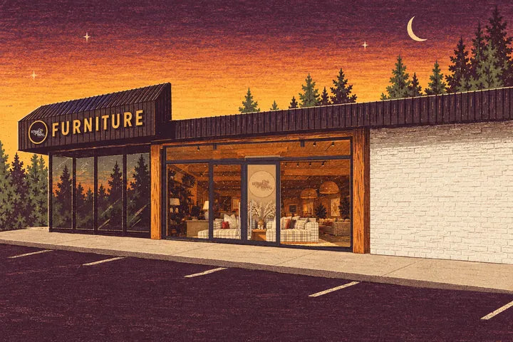 Illustration of our Cedar Mill storefront at dusk on NW Murray Rd, the FURNITURE sign over the lit entrance - Whats New Furniture Portland OR