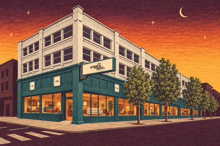 Illustration of our Portland store at dusk, the green storefront under a white four-story building - Whats New Furniture Portland OR