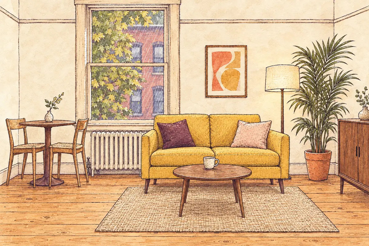 Illustration of a small Portland apartment with a yellow two-seat sofa and a table for two by a rainy window - Whats New Furniture Portland