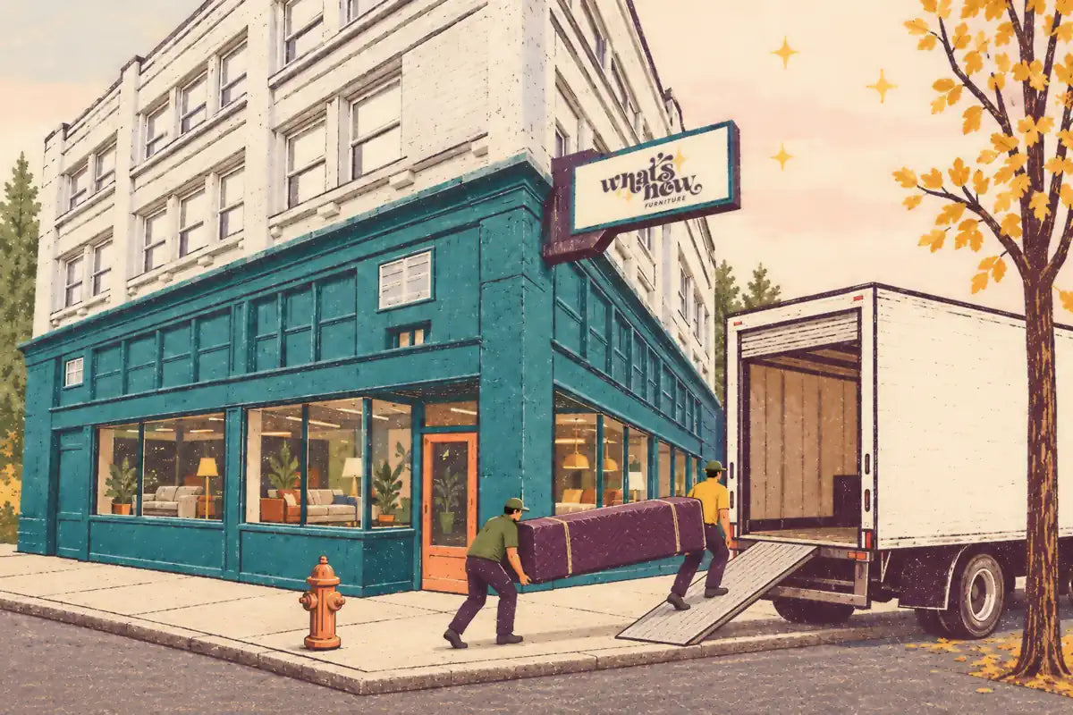 Illustration: two delivery crew carry a wrapped sofa up a truck ramp outside the Portland store - Whats New Furniture Portland